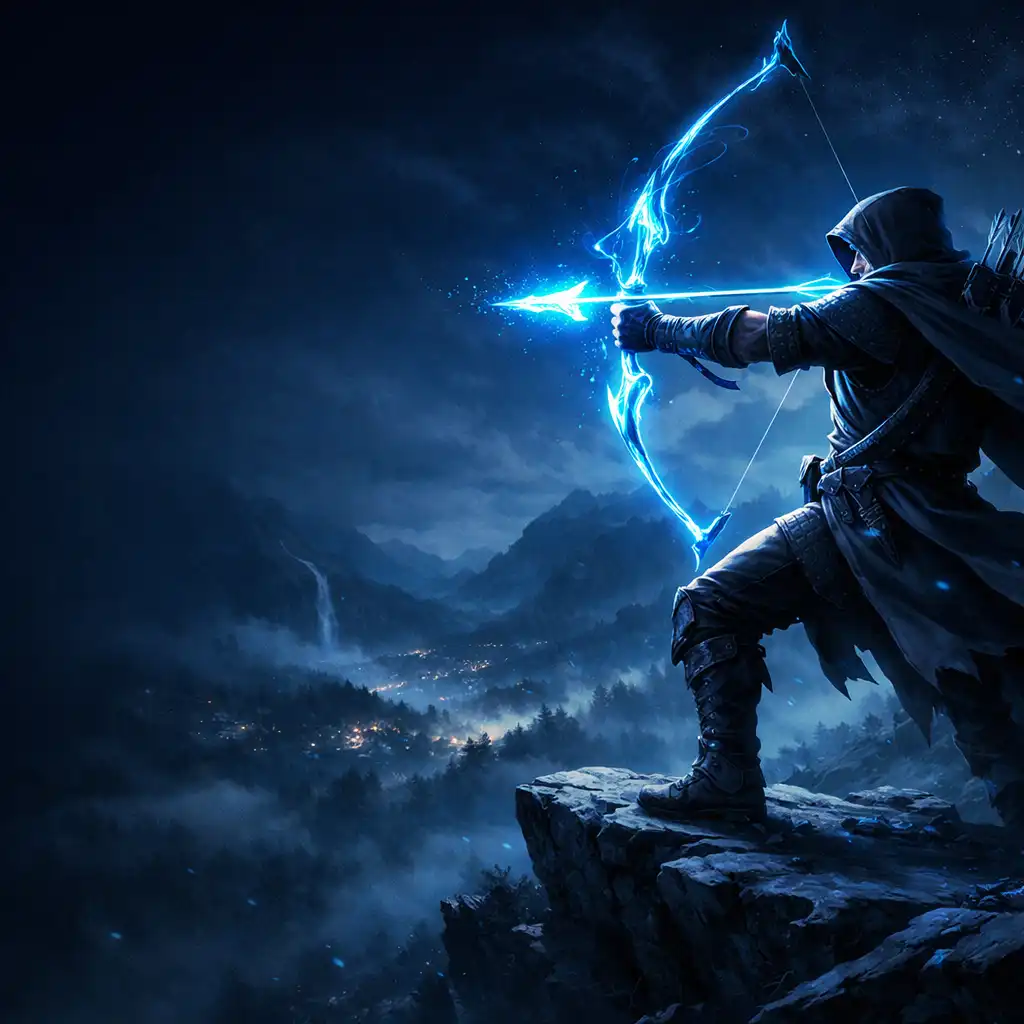 Fantasy íjász világító energiával töltött íjjal